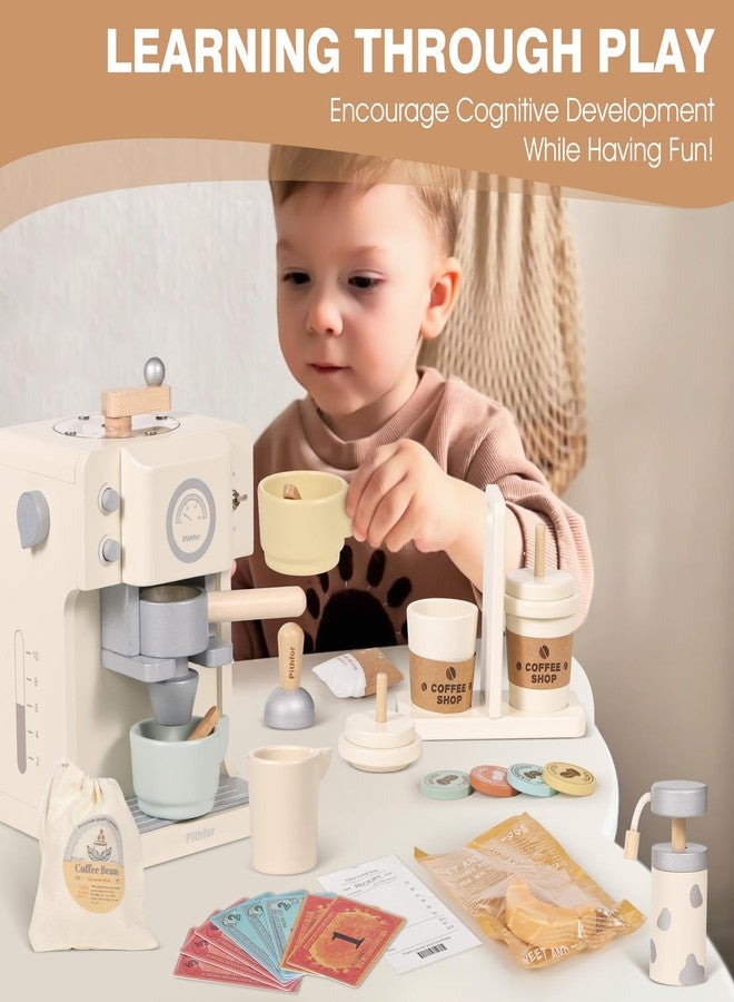Pithfor Kids Wooden Coffee Playset with Grinder, Toy Coffee Maker for Kids Toddlers, Pretend Play Kitchen Appliances & Accessories Toy Gift for Boys Girls - Image 4